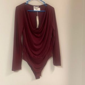 She + Sky Women's Long Sleeve Cowl Neck Body Suit Burgundy Medium